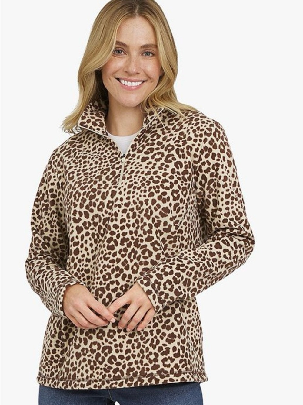 Lands' End Leopard-Print Half-Zip Teddy Jacket - Tan & Brown